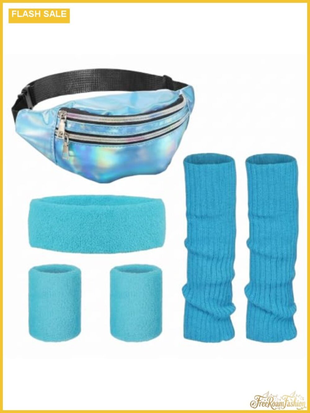 Neon 80s Workout Set Leg Warmers Wristbands Headband Holographic Belt Bag